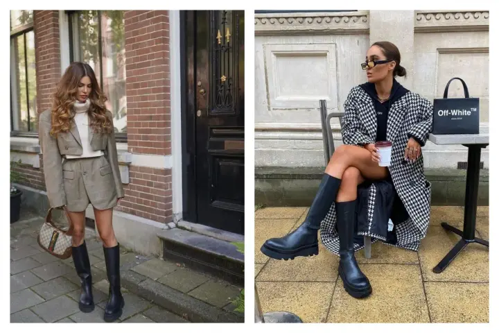Deux femmes affichent un style audacieux avec des bottes hautes. L'une porte un tailleur-short à carreaux, l'autre un manteau pied-de-poule.