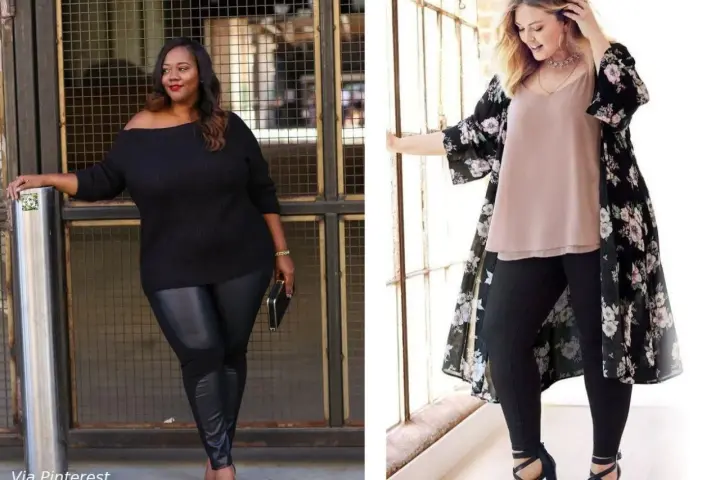 Deux femmes portent une tenue avec legging noir. L'une est en pull noir épaules dénudées, l'autre en top nude et kimono fleuri.