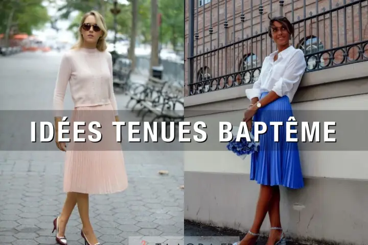 Idées tenues baptême : une femme en robe rose poudré et une autre en jupe bleue électrique.