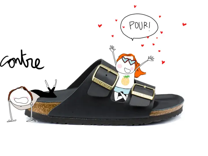 Une fille joyeuse célèbre sa tenue avec birkenstock femme, tandis qu'une autre semble en difficulté.