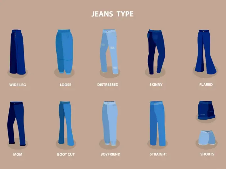 Illustration de divers types de jeans : coupe large, ample, déchiré, skinny, évasé, mom, bootcut, boyfriend, droit et shorts. Chaque forme jean est présentée.