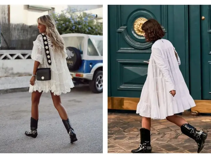 Deux femmes portent une robe blanche avec des santiags. L'une a une robe en dentelle et l'autre une robe à volants.