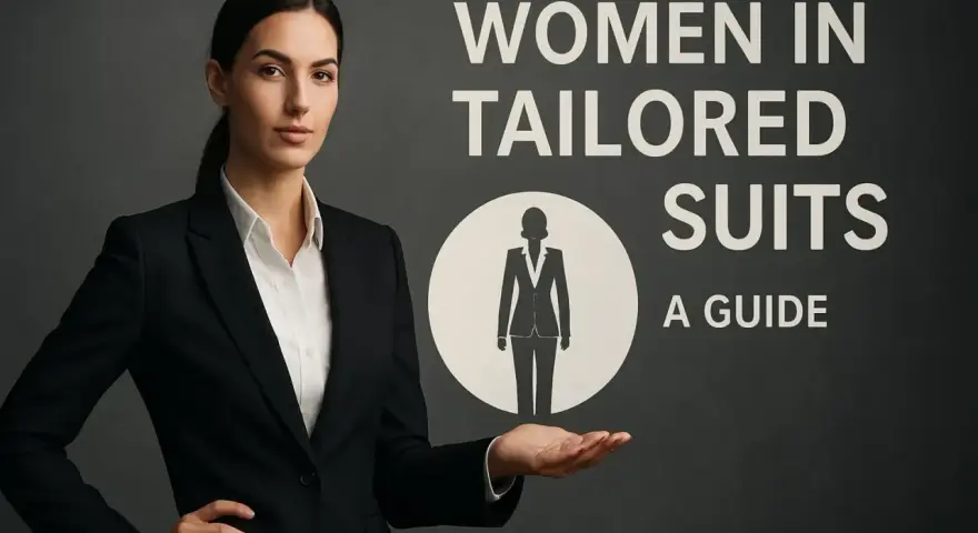 Une femme en tailleur noir impeccable, symbole du tailoring mode. Guide pour femmes en costumes sur mesure.