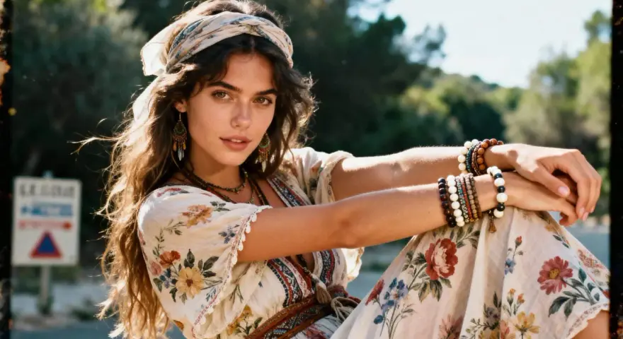 Jeune femme au style hippie Woodstock, robe fleurie, foulard, bracelets en perles, regard intense.