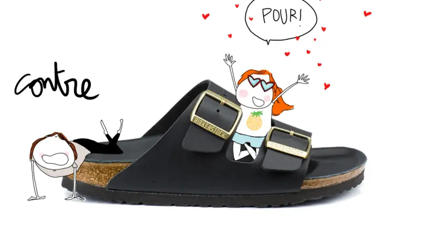 Une fille joyeuse célèbre sa tenue avec birkenstock femme, tandis qu'une autre semble en difficulté.