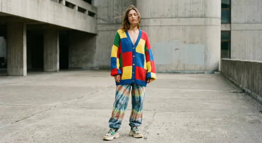 Jeune femme portant un gilet coloré style oversize et un pantalon tie-dye, devant un bâtiment en béton.