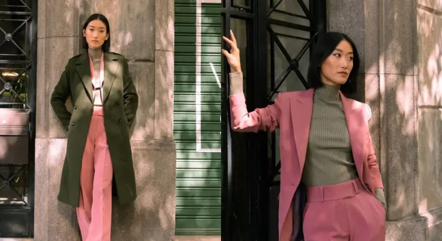 Deux femmes portent un polo vert avec un pantalon rose. L'une est habillée d'un manteau vert, l'autre d'un blazer rose.