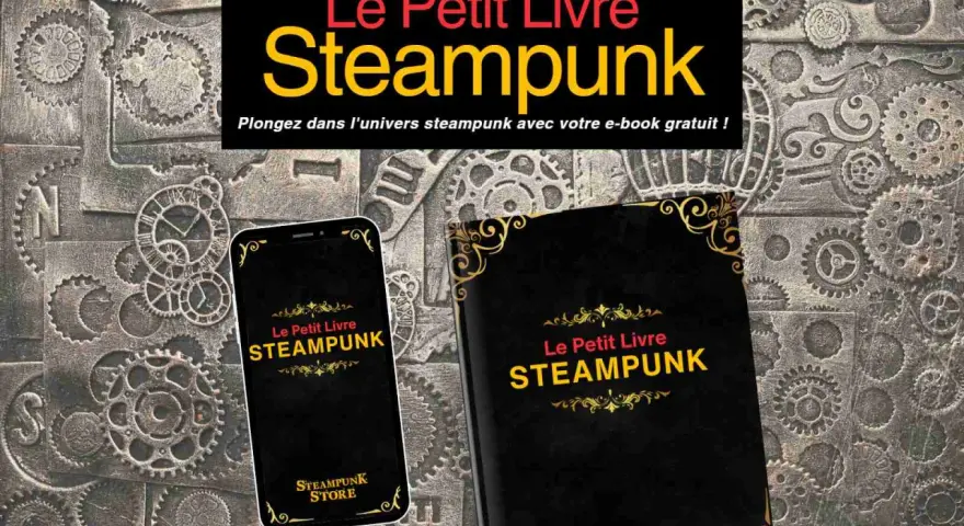 Un livre et un téléphone affichent "Le Petit Livre Steampunk" sur un fond de rouages. Plongez dans cet univers !