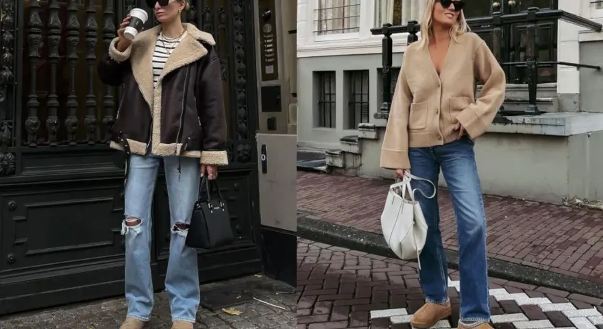 Deux femmes portent des tenues décontractées avec des jeans et des chaussures confortables. L'une a une veste aviateur marron et l'autre un cardigan beige. La tenue avec ugg noir est une option stylée pour l'automne.
