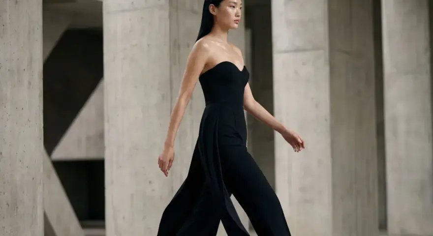 Mannequin portant une combinaison noire bustier, avec des jambes évasées. Quelles chaussures avec une combinaison noire ? Des talons fins pour allonger la silhouette.