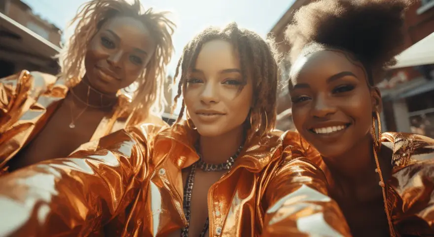 Trois amies radieuses, parées de vestes dorées brillantes, capturent un selfie en plein soleil. Ambiance garantie pour une **soirée année 2000** !