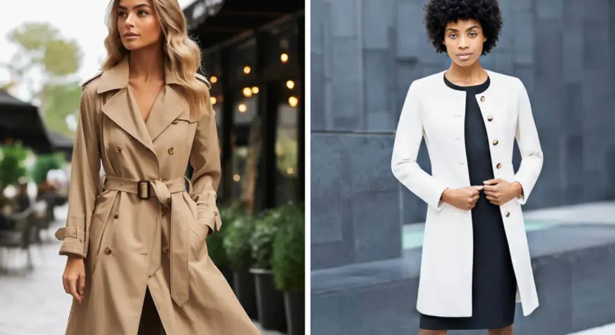 Deux femmes portent des manteaux élégants. L'une est en trench beige classique, l'autre en manteau blanc chic.