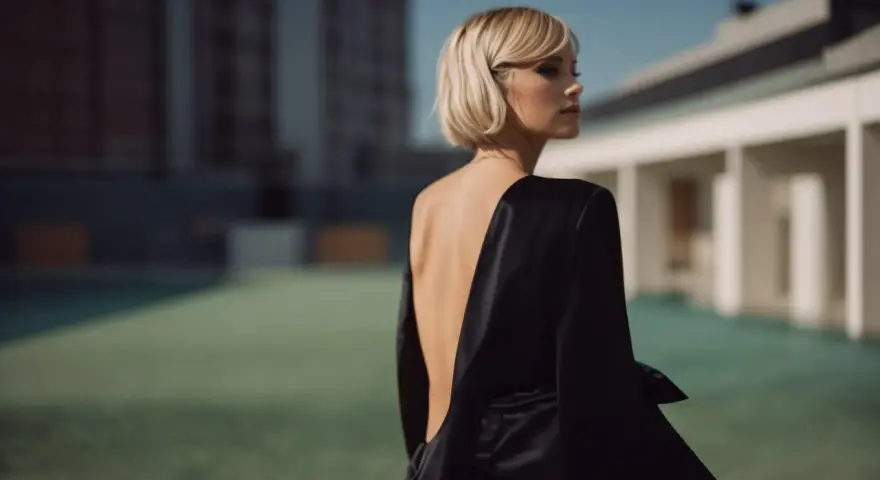 Une femme au style glamour, dos nu dans une robe noire satinée, pose devant un bâtiment moderne.