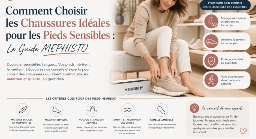 Une femme ajuste une chaussure Mephisto, guidant vers le choix de chaussures idéales pour un pied maigre sensible, offrant confort et soutien.