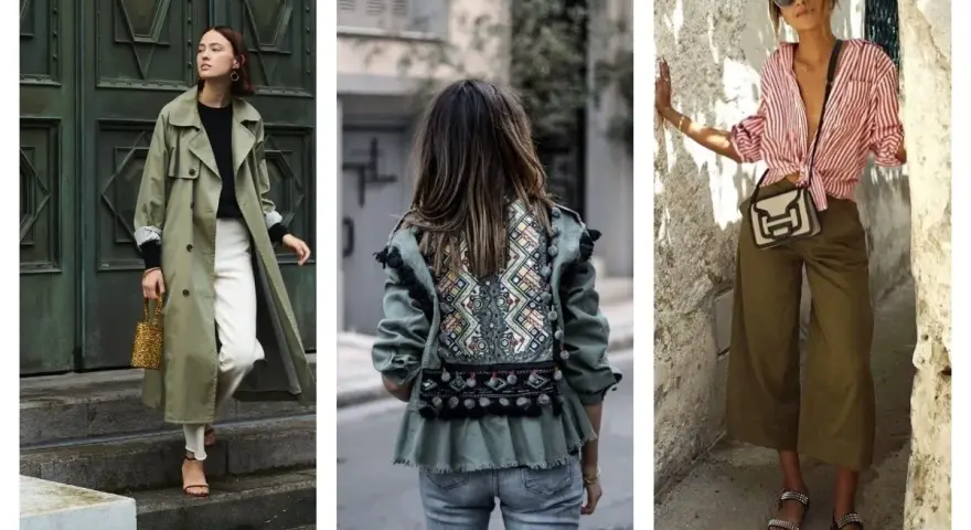 Trois looks stylés : trench kaki avec pantalon blanc, veste kaki brodée, et pantalon kaki avec chemise rayée. Quelle couleur avec le kaki ? Le blanc, le rouge, et les motifs ethniques !
