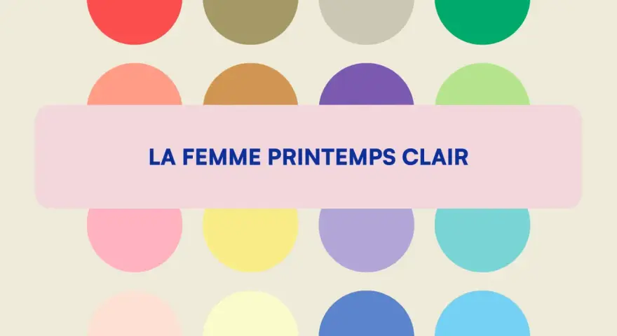 La femme printemps clair, une explosion de couleur du printemps, avec des cercles pastel et un texte bleu vif.