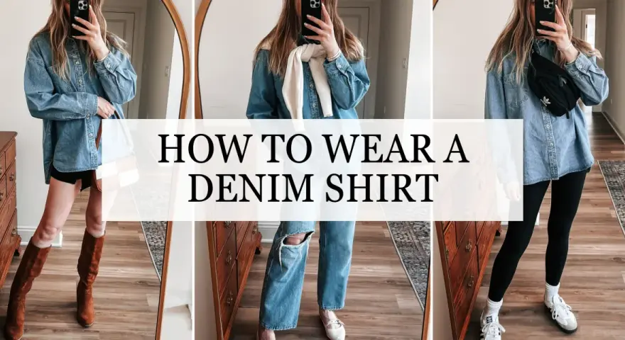 Trois looks pour porter une chemise en jean en hiver : avec des bottes, un jean déchiré ou un legging.
