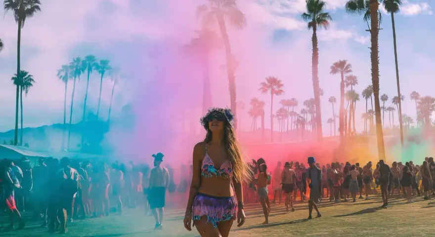 Ambiance festive au thème Coachella, avec une foule sous des palmiers et des nuages de fumée colorée rose et bleue.