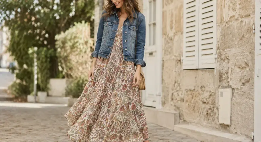 Quelle veste avec une robe longue fleurie, un look bohème chic pour une balade ensoleillée.