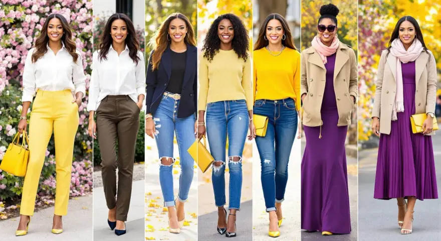 Six femmes portent des tenues élégantes. La première porte un pantalon jaune moutarde. Quelle couleur va avec le jaune moutarde vêtement ? Le violet et le beige sont de bons choix.
