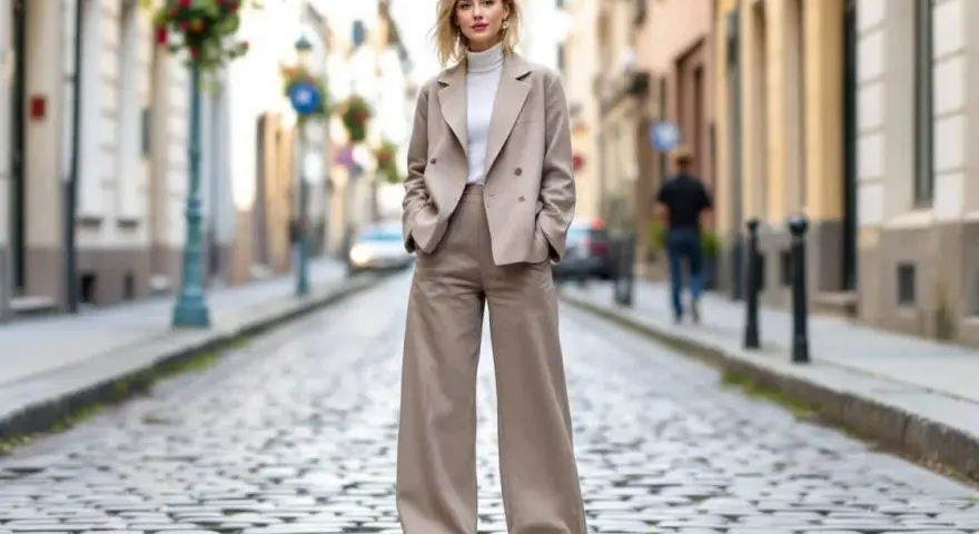 Une femme porte un tailleur pantalon large beige, un col roulé blanc et des sandales. Parfaites quelles chaussures avec un pantalon 7/8 !