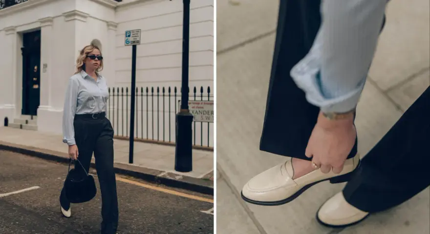 Pour un look hivernal chic, quelles chaussures avec un pantalon large ? Des mocassins beiges élégants complètent parfaitement ce pantalon fluide et cette chemise rayée.