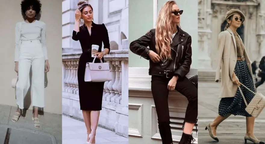 Quatre femmes présentent différents styles vestimentaires : blanc monochrome, robe noire élégante, perfecto rock, et tenue chic avec béret.