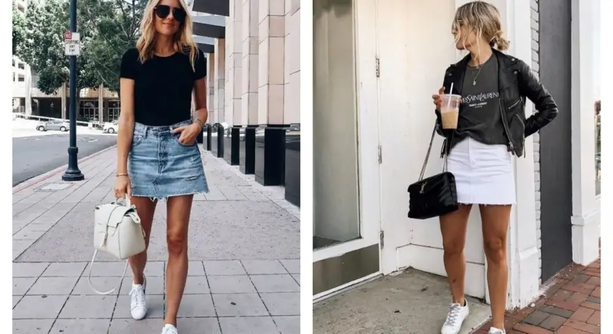 Deux femmes portent une jupe en jean et des baskets. L'une a une jupe en jean bleue décontractée, l'autre une jupe blanche.