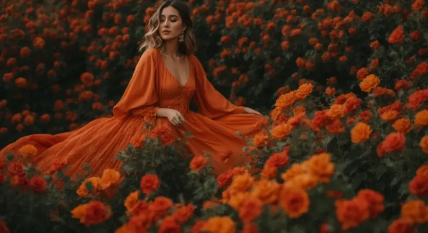 Femme en robe orange, style bobo, au milieu d'un champ de roses orangées.