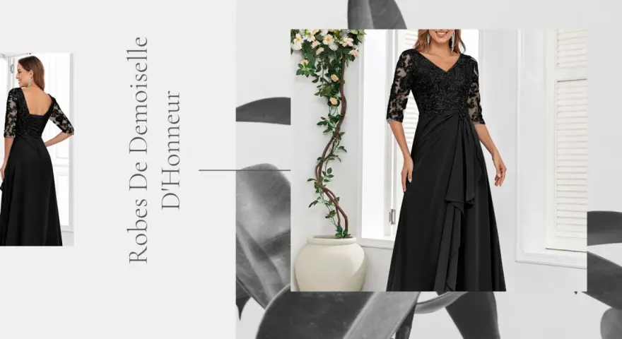 Une élégante robe de demoiselle d'honneur noire avec des manches en dentelle.