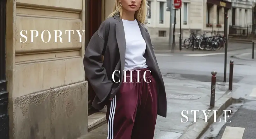 Une femme incarne le style casual femme, alliant blazer oversize, t-shirt blanc et pantalon de survêtement chic.