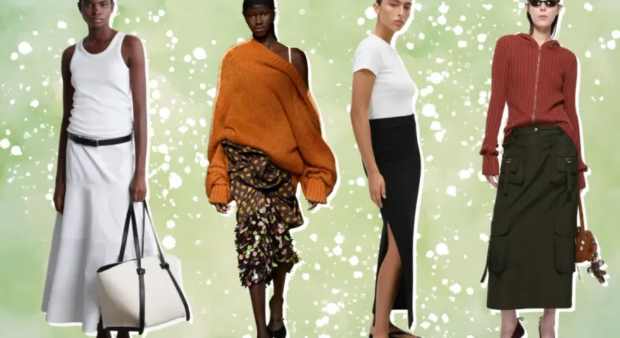 Look jupe longue blanche, noire, et kaki. Quatre mannequins présentent des tenues de mode, avec des jupes de différentes couleurs et styles.