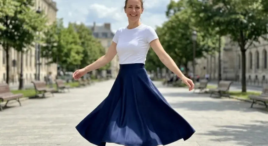 Une femme en talon et jupe évasée bleue danse joyeusement dans une rue parisienne bordée d'arbres.