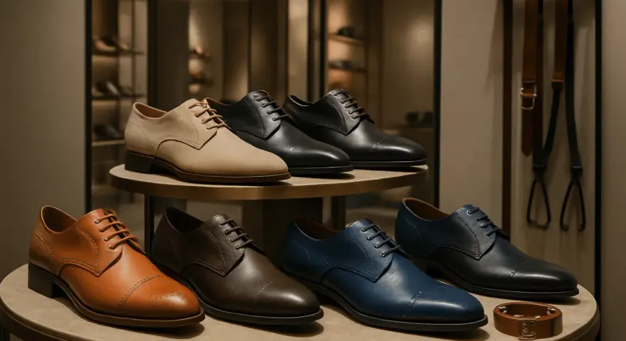 Ligne de chaussures élégantes : derbies et richelieus de différentes couleurs.