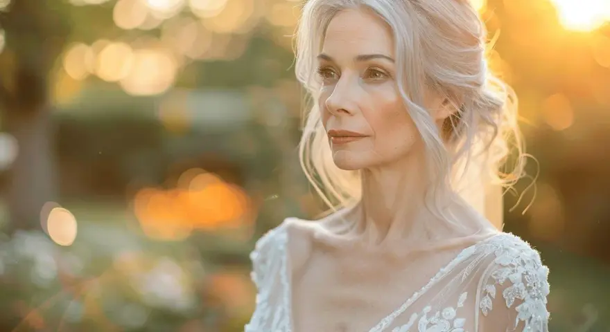 Une mariée de 50 ans, rayonnante dans sa robe de dentelle, baignée par la lumière dorée du soleil couchant. Quelle robe magnifique pour se marier à 50 ans !