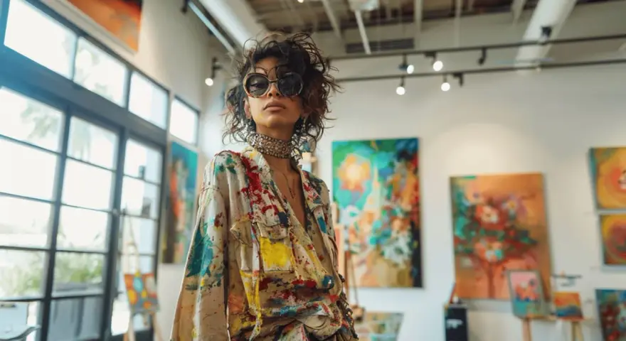 Une femme audacieuse, inspirée par l'art, montre comment s'habiller pour un vernissage avec une tenue éclaboussée de peinture.