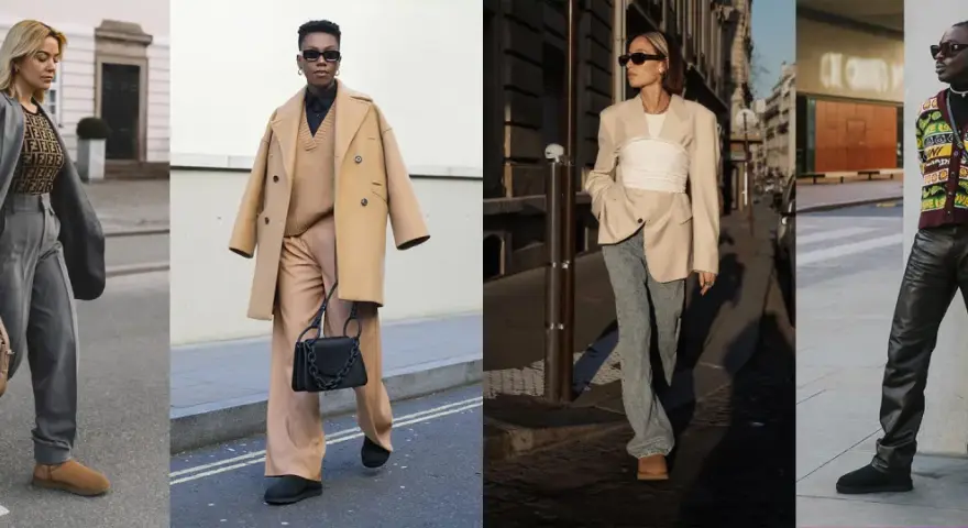 Quatre looks urbains : une femme en costume gris et ugg camel, une autre en manteau camel et pantalon large, une troisième en blazer beige et jean, et un homme en pantalon cuir et cardigan coloré.