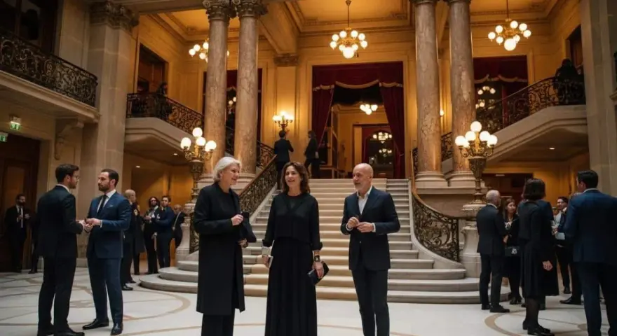 Trois personnes en tenue d'opéra discutent dans un grand hall orné de colonnes et d'escaliers majestueux.