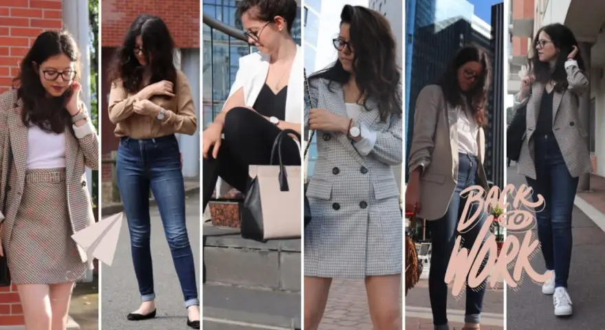 Une jeune femme en tenues professionnelles, prête pour le travail. Elle porte des blazers, des jeans et des jupes, un look de working girl moderne.