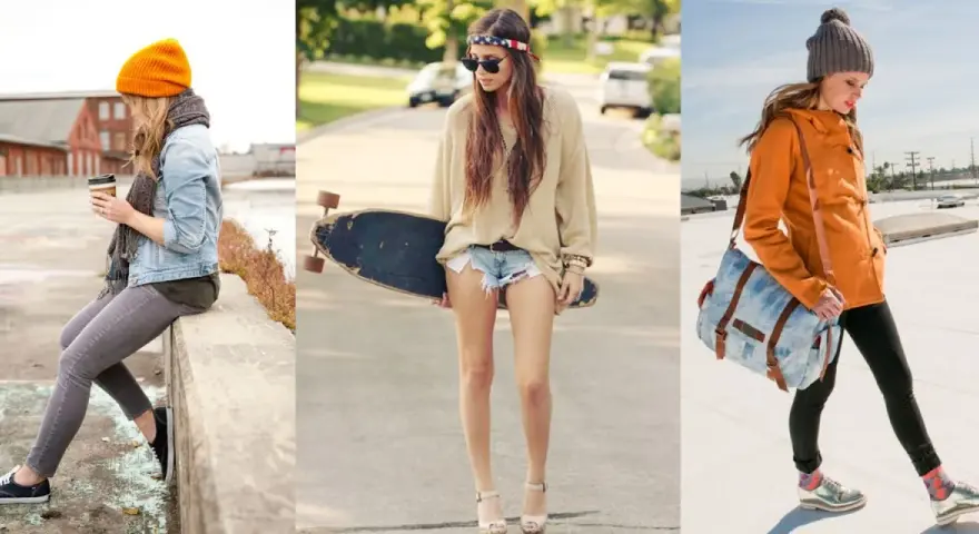 Trois jeunes femmes adoptent un style vestimentaire surfeur décontracté, avec des tenues variées et des accessoires tendance.