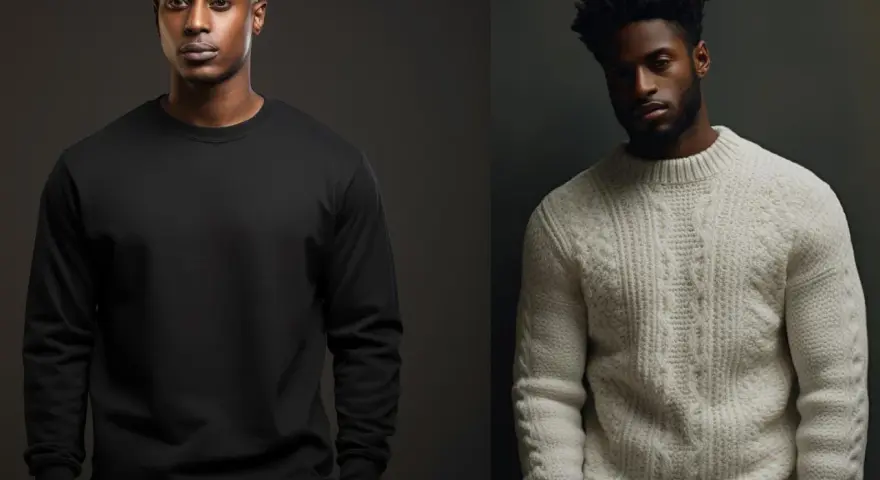 Deux hommes côte à côte. L'un porte un sweat noir uni, l'autre un pull en maille épaisse crème. La différence entre pull et sweat est claire.