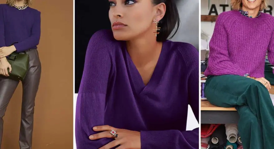 Trois femmes portent des pulls d'un magnifique couleur violet. L'une tient un sac vert, une autre arbore des bijoux dorés, et la troisième sourit, entourée de fils.