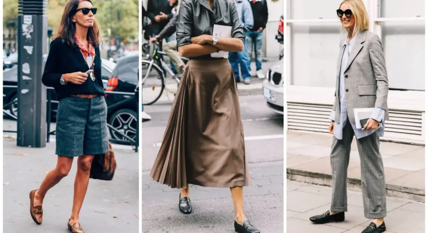 Trois femmes arborent des tenues élégantes, dont un mocassin short, une jupe plissée et un tailleur pantalon.
