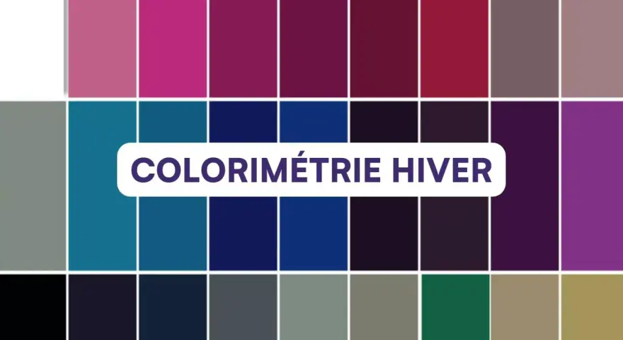 Palette de couleurs pour la colorimétrie femme hiver : bleus vifs, violets profonds, roses froids et gris.