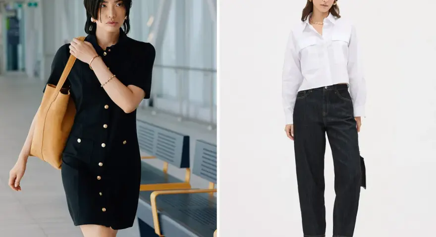 Deux looks pour savoir comment s'habiller pour une photo de classe : une robe noire chic et un ensemble chemise blanche et jean.