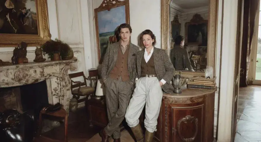 Un couple élégant dans un salon cossu, évoquant un style "old money" intemporel.