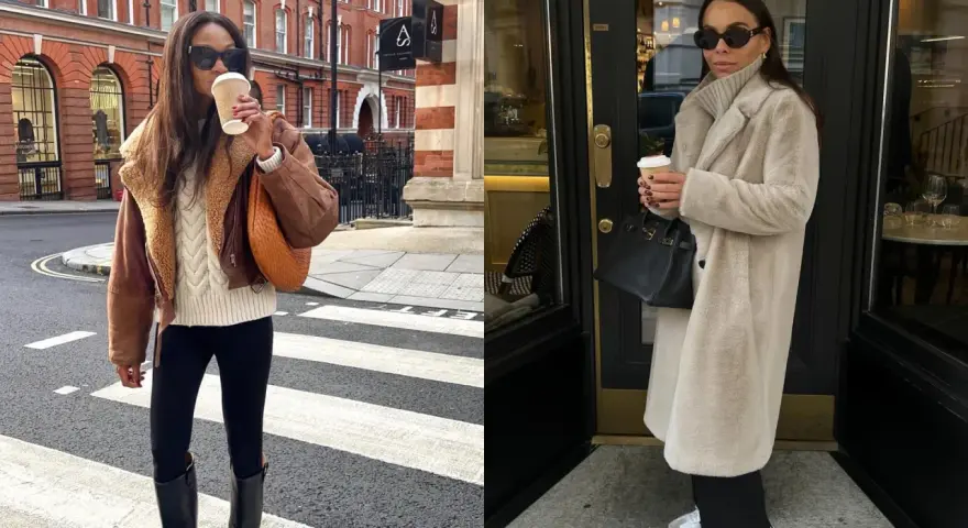 Deux femmes présentent des tenues d'hiver élégantes, parfaites pour un entretien d'embauche. L'une porte un blouson en cuir marron et un pull torsadé, l'autre un manteau long en fausse fourrure beige.