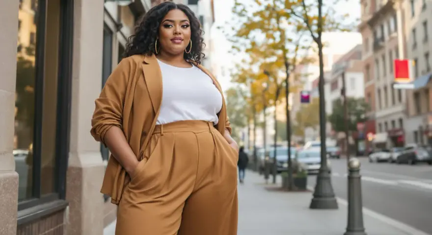 Une femme porte un blazer et un pantalon large camel, avec un haut blanc. Elle pose dans la rue, les mains dans les poches.