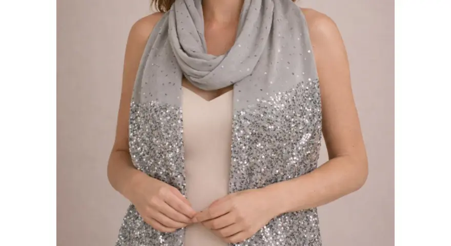 Une femme porte une étole grise à paillettes sur une robe de soirée. Idéal pour savoir comment porter une étole sur une robe de soirée.