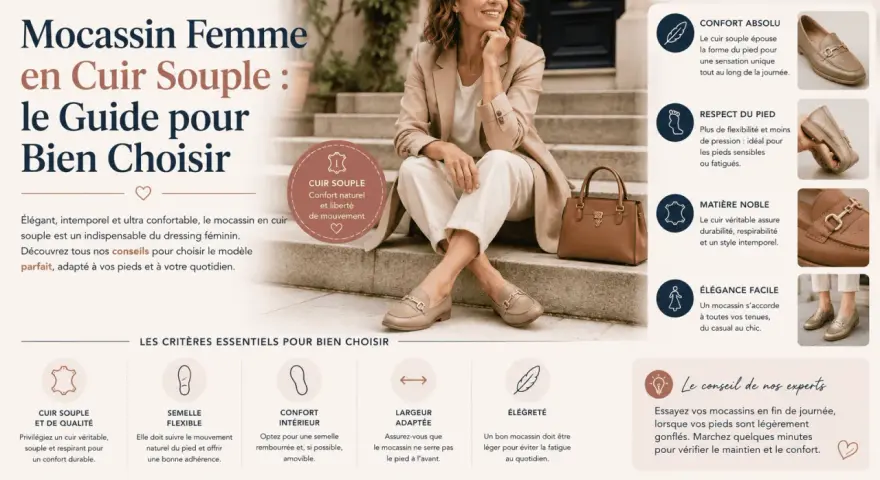 Une femme élégante porte un type de mocassin en cuir souple, parfait pour le confort et le style au quotidien.